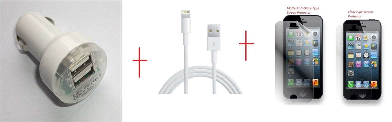 iPhone 5 Dual USB Car Charger + USB PC Cable + SP