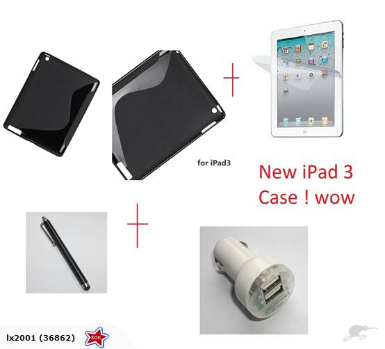 New IPad 3 Gel Case Cover + SP + Car Charger