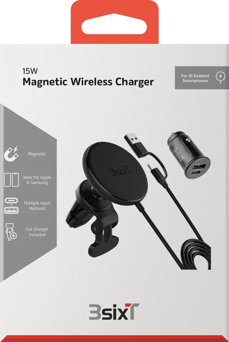 3sixT Magnetic Qi Wireless Charging Car Vent Mount 15W w Charger - Black