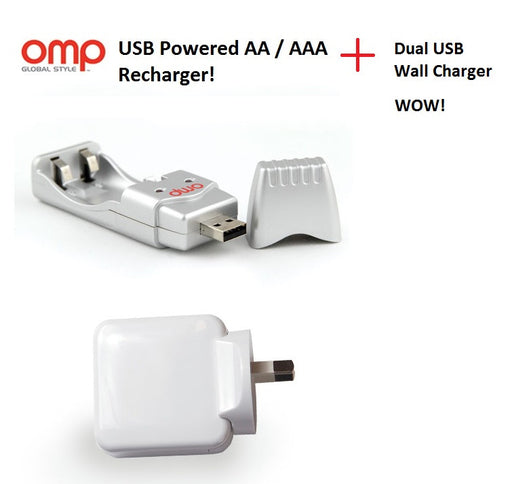 OMP AA USB BATTERY CHARGER Kit + 4PK 2500mAh