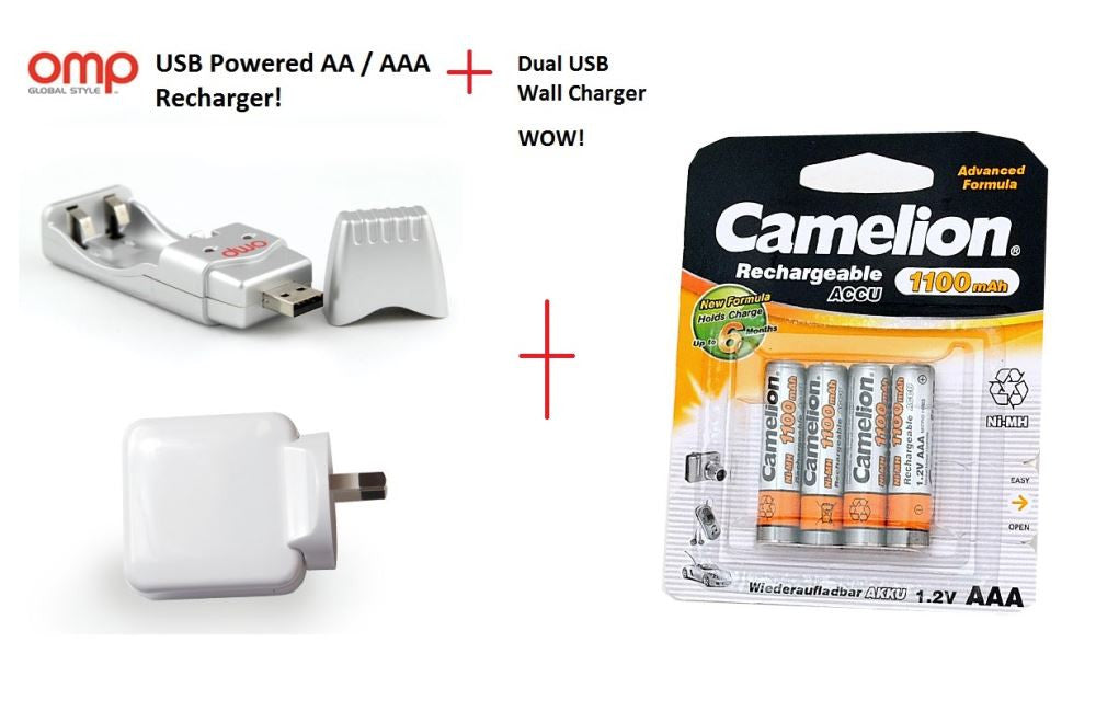 OMP AAA USB BATTERY CHARGER Kit + 4PK 2500mAh
