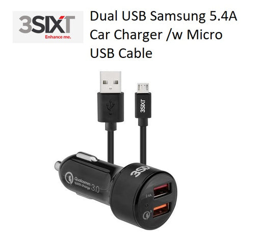 3SIXT Dual USB SAMSUNG EXTRA FAST Car Charger 5.4A w/ 1m Micro USB Cable - Black 3S-1023 9318018127741