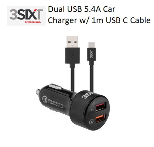 3SIXT Dual USB SAMSUNG EXTRA FAST Car Charger 5.4A w/ 1m USB-C Cable - Black 3S-1028 9318018127796