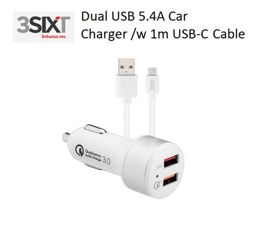 3SIXT Dual USB SAMSUNG EXTRA FAST Car Charger 5.4A w/ 1m USB-C Cable - White 3S-1029 9318018127802