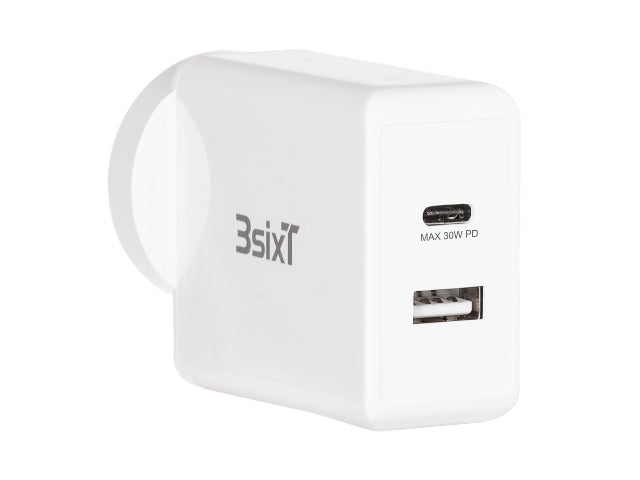 3SIXT Dual Wall Charger ANZ 30W USB-C PD + 2.4A - White 3S-2017 9318018150473