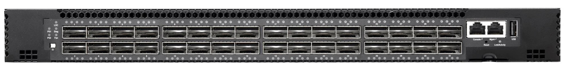 1 Ruswitch Rear View EDGECORE 32 Port 100G QSFP28 compact 1RU Switch. Broadcom Tomahawk 3.2 ...
