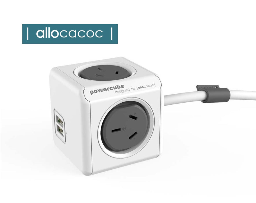 Allocacoc PowerCube 4-Way 1.5m Surge Protector with 2 x USB - Grey 5400GY/AUEUPC