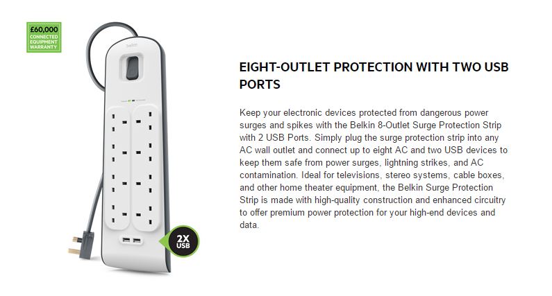 Belkin 8 Outlet 2M Cord w/ 2 USB Ports Power Plug BSV804AU2M