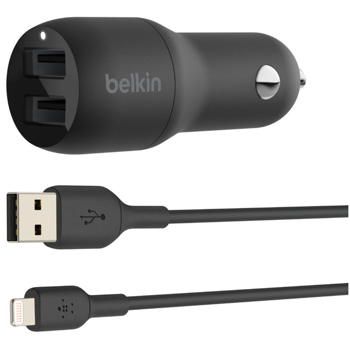 Belkin BoostCharge Dual USB-A Car Charger 24W + Lightning to USB-A Cable CCD001BT1MBK 745883790449