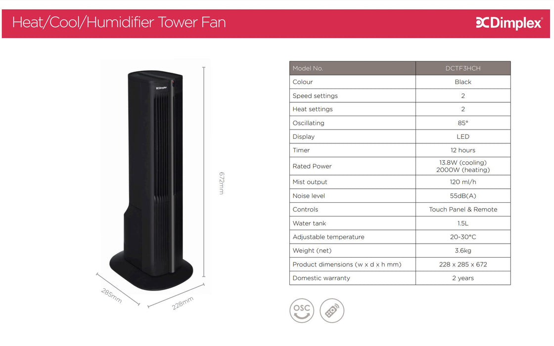 Dimplex Year Round Heat / Cool / Humidifier Tower Fan Heater - Black Finish