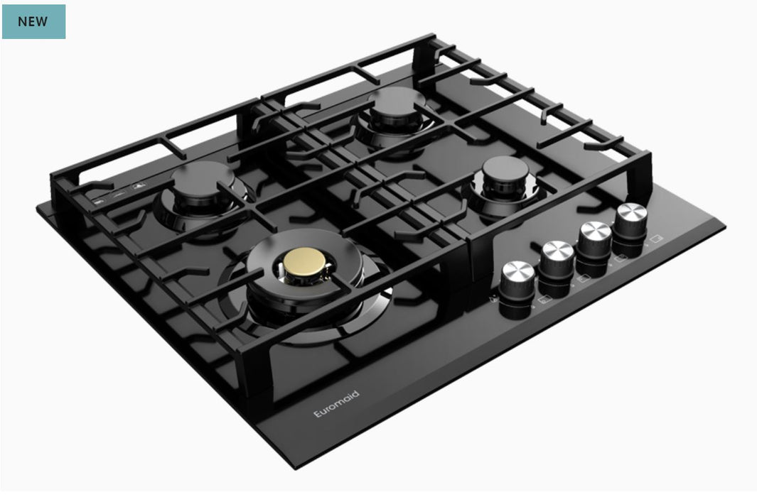 Euromaid 60cm Gas WOK Cooktop with 4 Burners, Black Glass  EC64GB