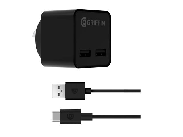 Griffin PowerBlock Dual Port Wall Charger w/ USB-C Cable GP-121-BLK-AU 191058093219