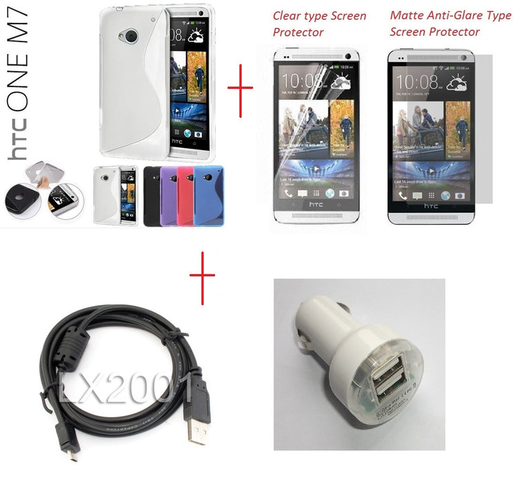 HTC ONE M7 Gel Case Dual USB Car Charger PC Cable
