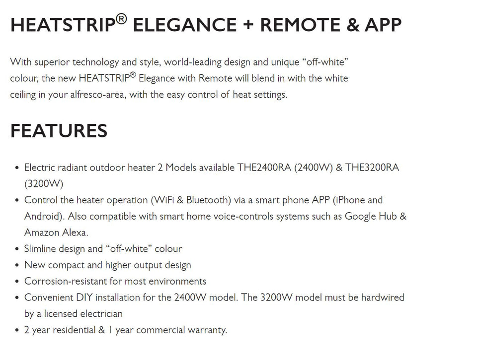 Heatstrip Elegance Electric Radiant Outside Outdoor Heater w/ Remote & App 2400W