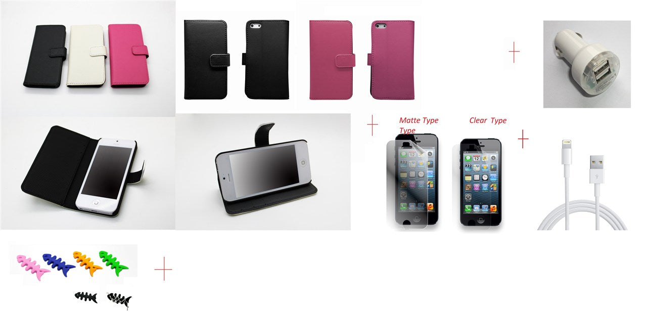 Iphone 5 Leather Case + Car Charger + USB PC Cable