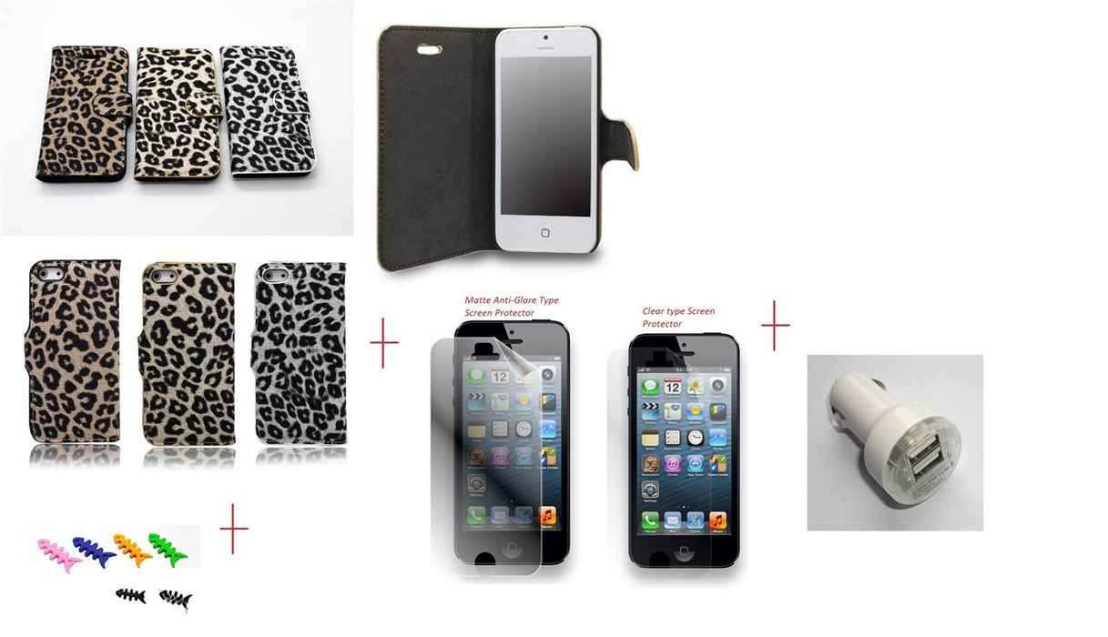 Iphone 5 Leopard Pattern Leather Case Car Charger