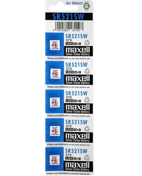 Maxell Silver Oxide SR521SW Watch Battery Button Cell - 5 Pack
