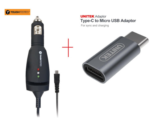 Tough Tested Micro USB Rugged Car Charger PCTT-MICRO + UNITEK Micro USB to USB-C Adapter Y-A027AGY