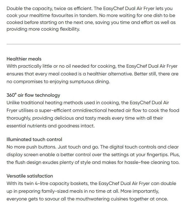 Mila EasyChef Dual 4L + 4L dual basket air fryer with touch control MLA-300DLAF - LX2001 - Homewares, Outdoor, Phone Accessories, Cases, Speakers, Headphones + More -