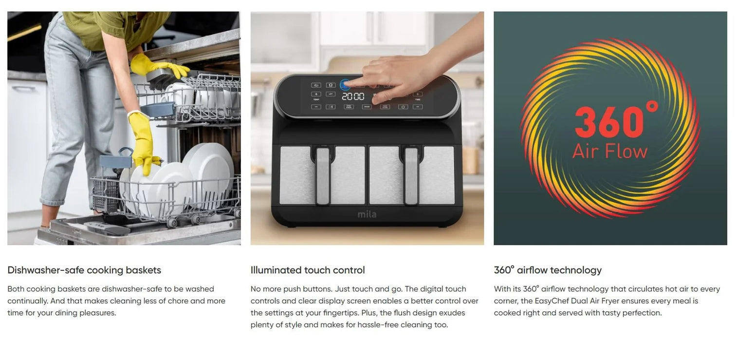 Mila EasyChef Dual 4L + 4L dual basket air fryer with touch control MLA-300DLAF - LX2001 - Homewares, Outdoor, Phone Accessories, Cases, Speakers, Headphones + More -