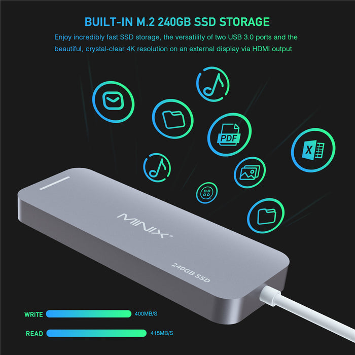 Minix USB-C Hub 240GB SSD Storage 4K HDMI Port + 2 x USB 3.0 Port - Grey NEO-S2GR