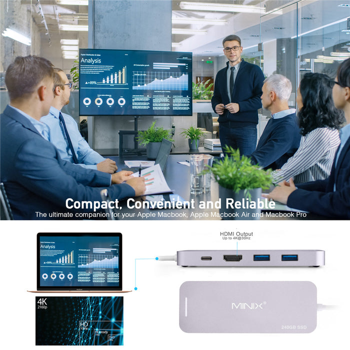 Minix USB-C Hub 240GB SSD Storage 4K HDMI Port + 2 x USB 3.0 Port - Grey NEO-S2GR