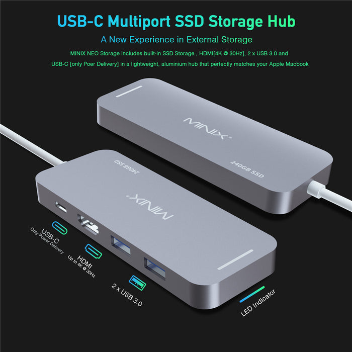 Minix USB-C Hub 240GB SSD Storage 4K HDMI Port + 2 x USB 3.0 Port - Grey NEO-S2GR