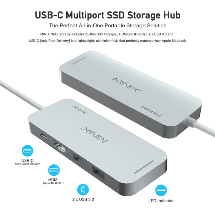 Minix USB-C Hub 240GB SSD Storage 4K HDMI Port + 2 x USB 3.0 Port - Silver NEO-S2SI - LX2001 - Homewares, Outdoor, Phone Accessories, Cases, Speakers, Headphones + More -