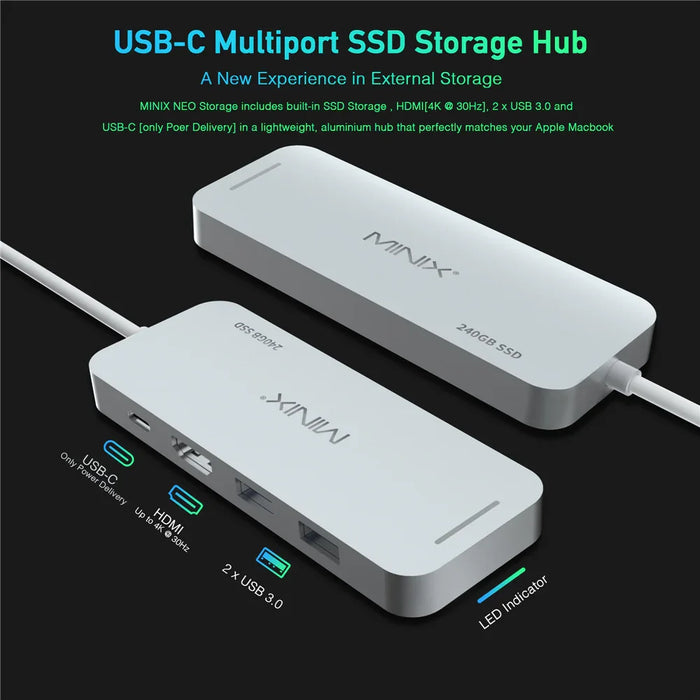 Minix USB-C Hub 240GB SSD Storage 4K HDMI Port + 2 x USB 3.0 Port - Silver NEO-S2SI - LX2001 - Homewares, Outdoor, Phone Accessories, Cases, Speakers, Headphones + More -