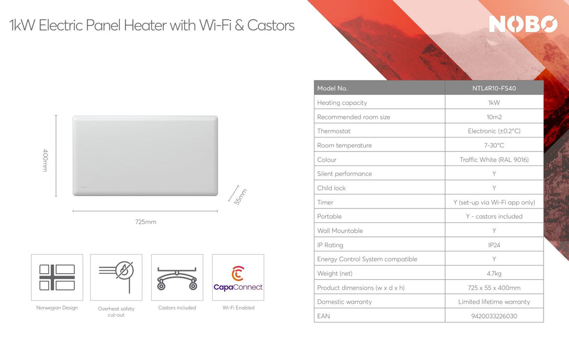 Nobo Wi-Fi Wifi Slimline Panel Heater + Castors 1000W