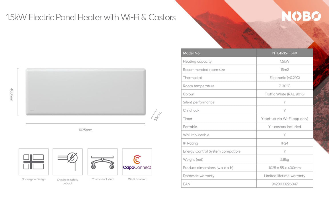 Nobo Wi-Fi WiFi Slimline Panel Heater + Castors 1500W