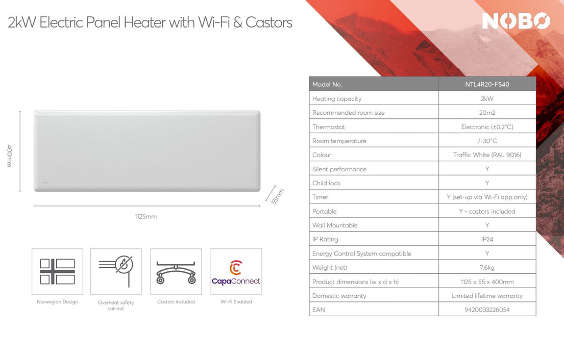 Nobo Wi-Fi WiFi Slimline Panel Heater + Castors 2000W