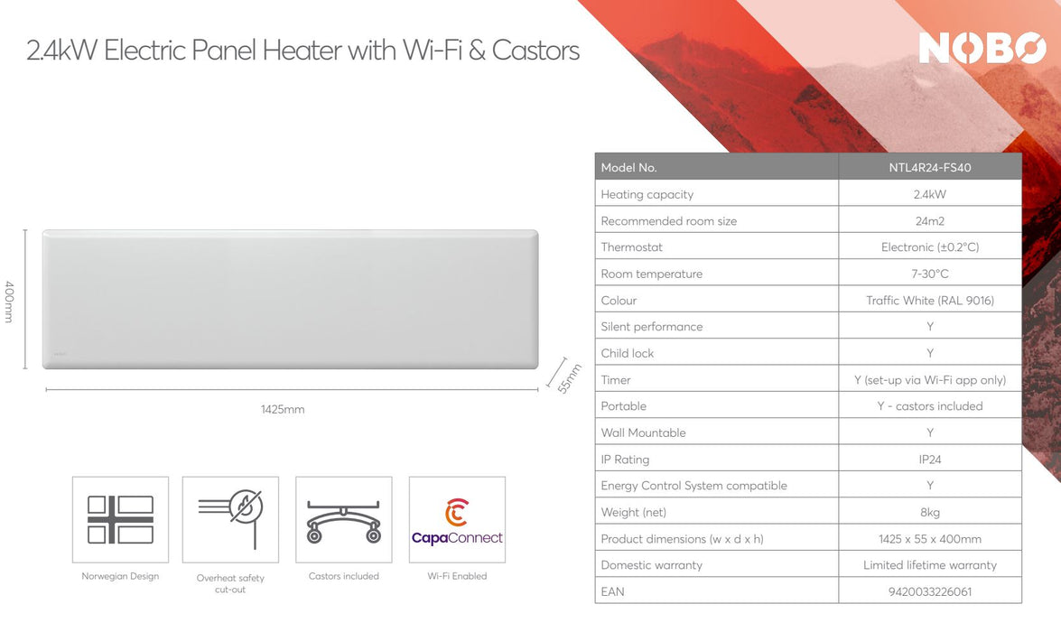 Nobo Wi-Fi WiFi Slimline Panel Heater + Castors 2400W