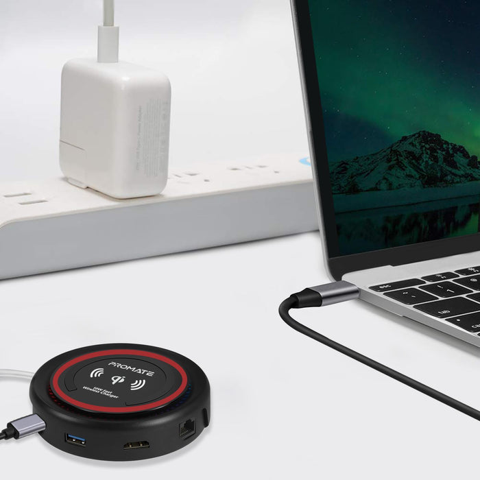PROMATE All-in-1 USB-C Hub w/ 100W Power Delivery & 10W Qi - Black CENTERHUB.BLK