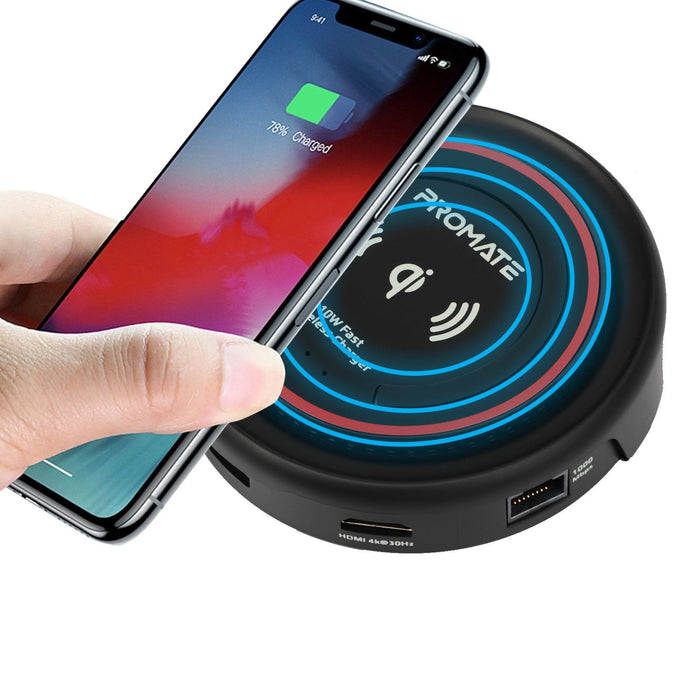 PROMATE All-in-1 USB-C Hub w/ 100W Power Delivery & 10W Qi - Black CENTERHUB.BLK
