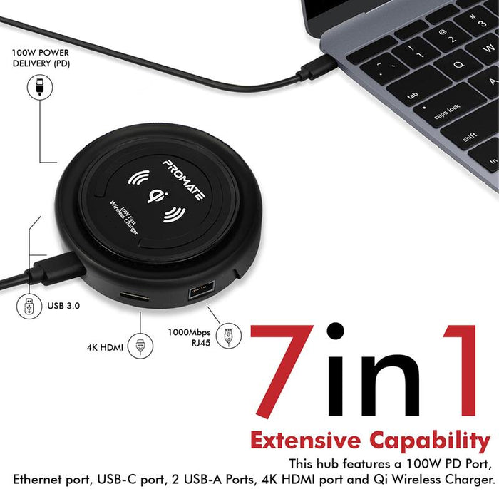 PROMATE All-in-1 USB-C Hub w/ 100W Power Delivery & 10W Qi - Black CENTERHUB.BLK