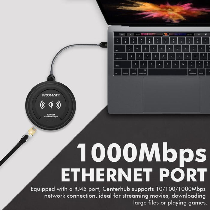 PROMATE All-in-1 USB-C Hub w/ 100W Power Delivery & 10W Qi - Black CENTERHUB.BLK