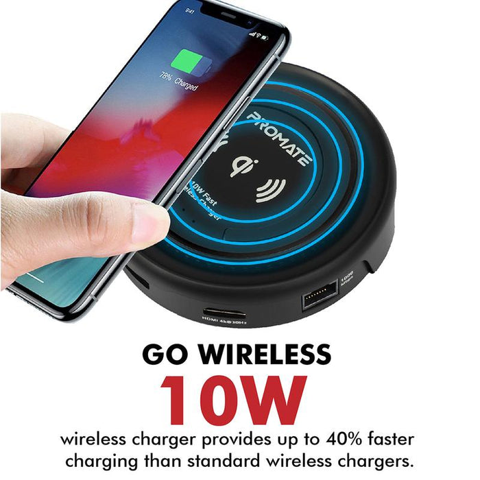PROMATE All-in-1 USB-C Hub w/ 100W Power Delivery & 10W Qi - Black CENTERHUB.BLK