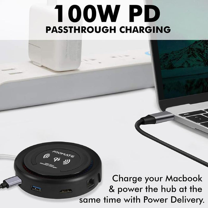 PROMATE All-in-1 USB-C Hub w/ 100W Power Delivery & 10W Qi - Black CENTERHUB.BLK