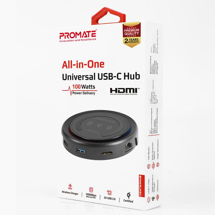 PROMATE All-in-1 USB-C Hub w/ 100W Power Delivery & 10W Qi - Black CENTERHUB.BLK