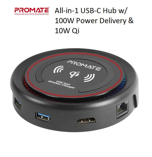 PROMATE All-in-1 USB-C Hub w/ 100W Power Delivery & 10W Qi - Black CENTERHUB.BLK