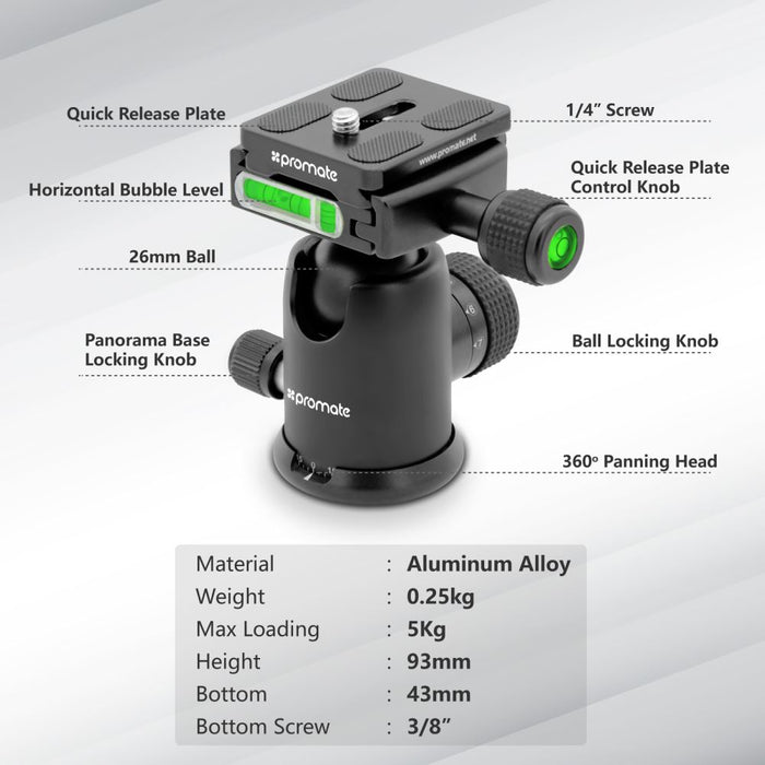 Promate Precise 160 Premium Professional Anodized Aluminium Travel Tripod PRECISE-160