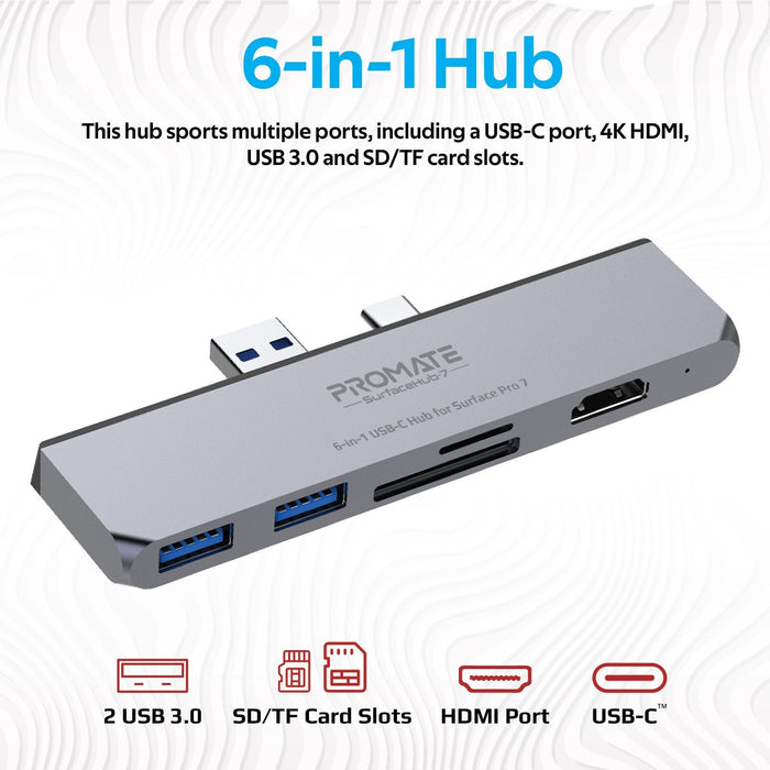PROMATE High-Speed 6-In-1 USB-C Hub For Microsoft Surface Pro 7 - Grey SURFACEHUB-7.GRE