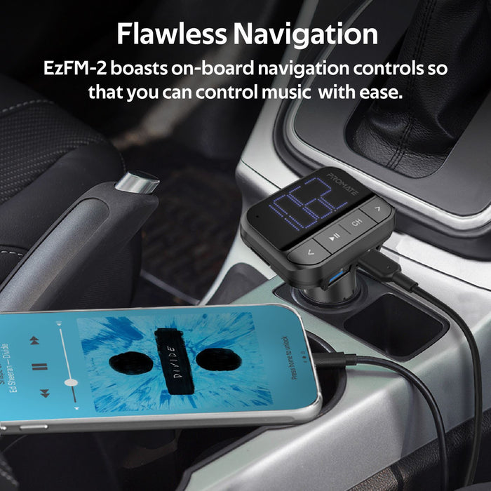 PROMATE Wireless In-Car FM Transmitter - Playback from USB / MicroUSB / AUX 3.5mm EZFM-2