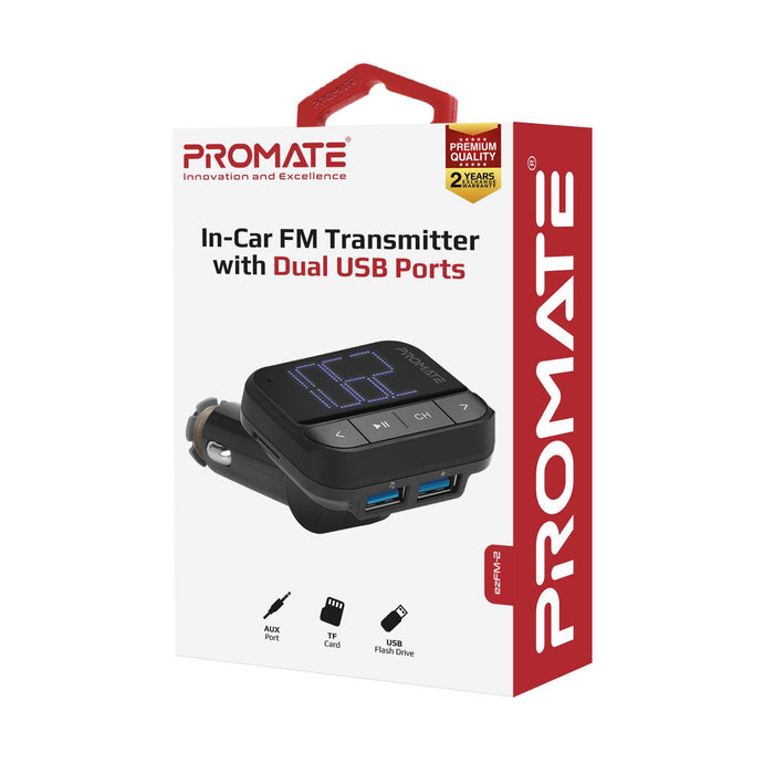 PROMATE Wireless In-Car FM Transmitter - Playback from USB / MicroUSB / AUX 3.5mm EZFM-2