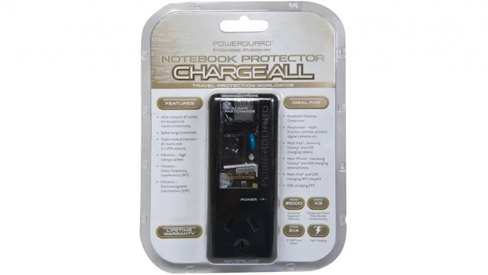 PowerGuard Notebook Protector AC Wall Charger ChargeAll Surge Protector - Black - LX2001 - Homewares, Outdoor, Phone Accessories, Cases, Speakers, Headphones + More -