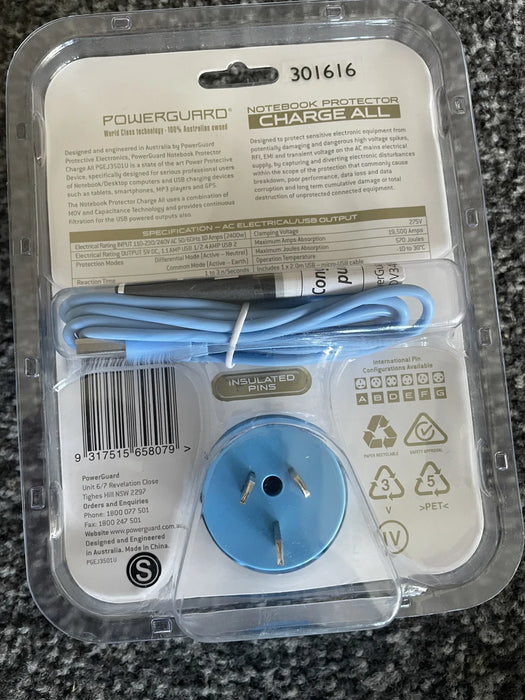 PowerGuard Notebook Protector ChargeAll Surge Protector AC Wall Charger - Blue - LX2001 - Homewares, Outdoor, Phone Accessories, Cases, Speakers, Headphones + More -