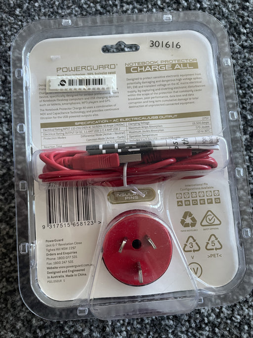 PowerGuard Notebook Protector ChargeAll Surge Protector AC Wall Charger - Red