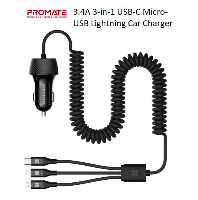 Promate 3.4A 3-in-1 USB-C / Micro-USB / Lightning Car Charger - Black VOLTRIP-UNI.BLK