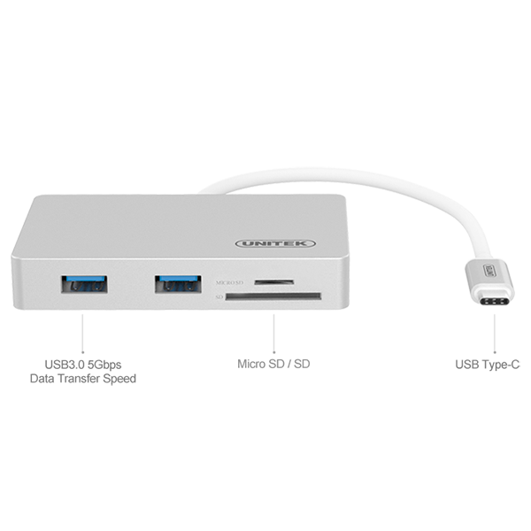 UNITEK USB-C with 2 x USB3.0 + 2 x Port SD MicroSD Card Reader w Power Delivery Y-9319